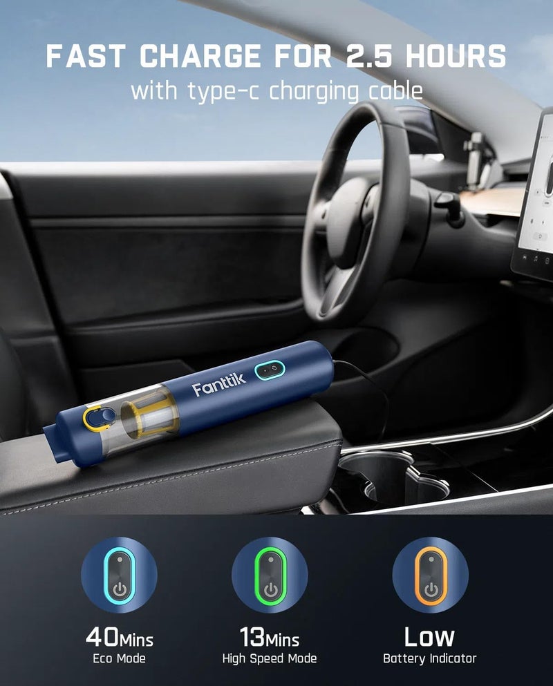 Fanttik Slim V8 APEX Car Vacuum, 4-in-1 Portable Mini Cordless Vacuum with 19000pa Suction Power, Type-C Charge, 2 Suction Modes, Handheld Vacuum for Small Jobs, Car, Office Desk, Keyboards (Blue) - Image 4